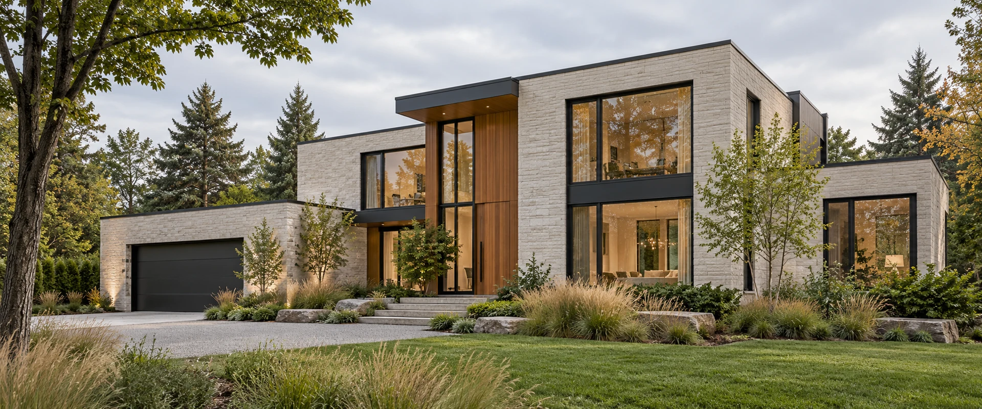 Illustrative contemporary house with pale masonry, timber entrance and planted garden