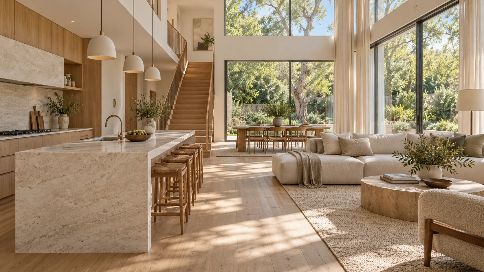 Illustrative interior study with oak joinery and natural light