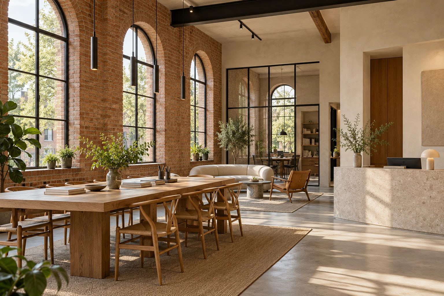 Illustrative brick-and-timber creative workspace with tall arched windows